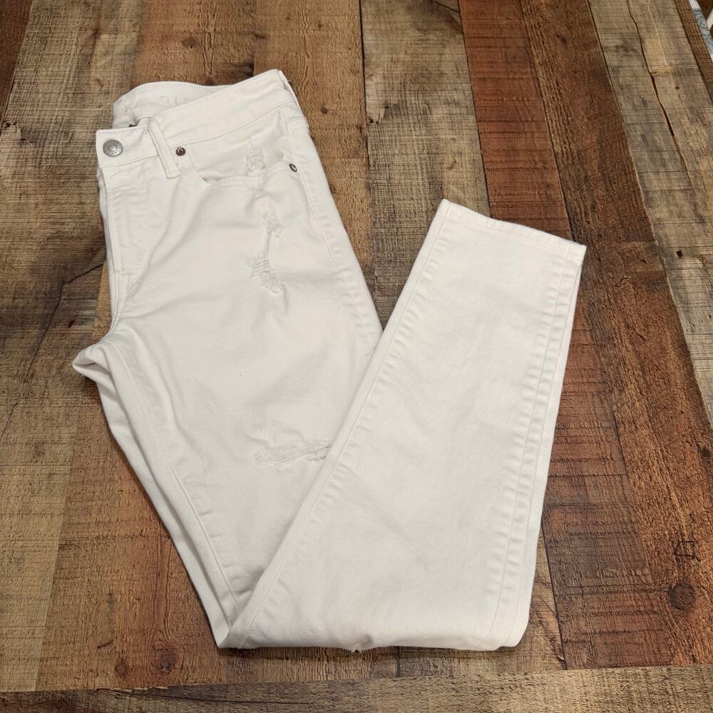 American Eagle Wmns White Denim Ripped Skinny Jeans Sz 32 Closet Staple Stretch